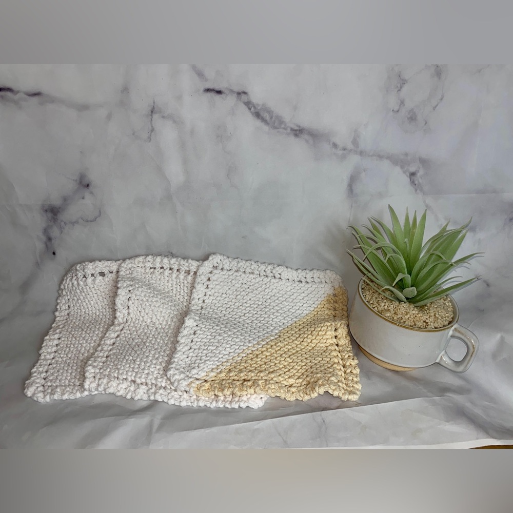 3 Vintage Hand Knit Washcloths Dish Rag ⚡️